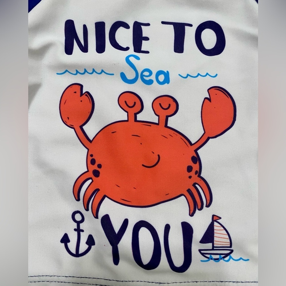 Baby Boy 9-12m Blue White Rash-Guard Long Sleeve Swim Shirt Nautical Crab - Picture 3 of 4